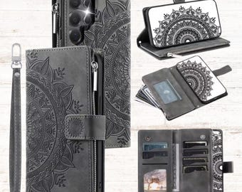 Crossbody Leather Wallet Samsung Galaxy S26 Ultra Case – Mandala Embossed, Card Slots & Straps.