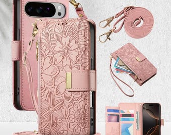 Crossbody Leather Wallet Google Pixel 10 Pro XL Case – Floral Luxury Cover with Strap.