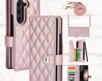 May include: Pink quilted phone case with a detachable strap and a wrist strap. The case has a snap closure and multiple card slots. The phone case is shown in multiple views, including a crossbody style.