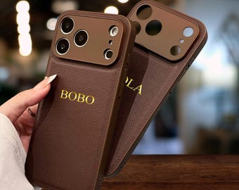Personalized Leather iPhone 17 Pro Max Case with Initials - Custom Monogram Engraved.