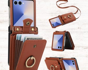 Crossbody Leather Wallet Case For Samsung Galaxy Z Flip 7 / 6 / 5, Ring Holder, Flip Cover.