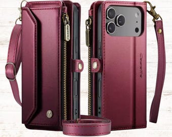 Crossbody Leather Wallet iPhone 17 Pro Max Case – Card Slot Purse Cover & Lanyard Strap.