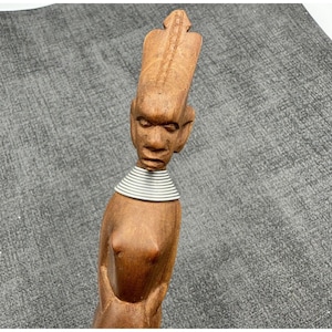Hand Carved African Wooden Letter Opener Tribal Woman Figurine Mid Century Ethnic Folk Art Boho Primitive Safari Decor Collectible Vintage