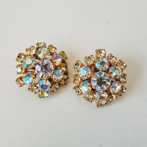 Beautiful Small Clip On Earrings Vintage Gold Crystals Iridescent