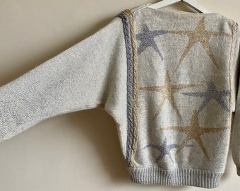 pull en laine blanc argenté et doré vintage des années 80, étoiles, très petites, petites