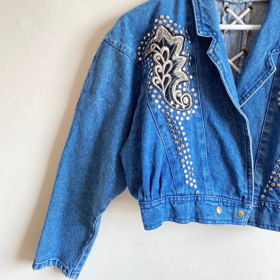 Vintage Blue Denim Cropped Jacket Blazer Embroidered