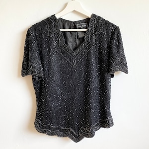 Vintage black silk beaded blouse top 80s 1980s evening party medium scalloped short sleeve
