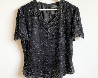 Vintage blousetop met zwarte zijden kralen 80s jaren 80 avondfeest medium geschulpte korte mouw