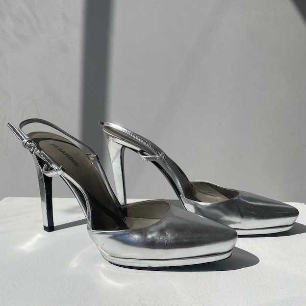 Escarpins Jil Sander vintage en cuir argenté à talons hauts et plateformes fabriqués en Italie, chaussures de créateurs