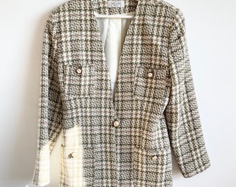 Blazer vintage bege verde branco xadrez sem gola botões pérola anos 80