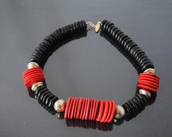 SALE Vintage Black and Red Short Necklace