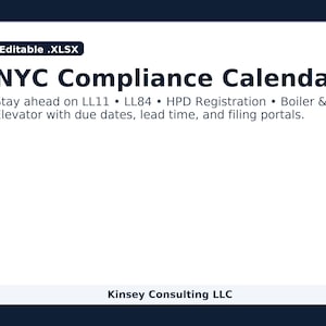 Peut inclure: Graphique blanc et bleu marine avec le texte "NYC Compliance Calendar". Le calendrier comprend des informations sur LL11, LL84, l'enregistrement HPD et les réglementations sur les chaudières et les ascenseurs, avec les dates d'échéance et les portails de dépôt.