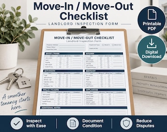 May include: A Move-In / Move-Out Checklist Landlord Inspection Form on a brown clipboard. The document features sections for Entry/Foyer, Kitchen, Bathroom, Bedroom, Walls/Floors, and Appliances. It includes checkboxes for move-in and move-out status.