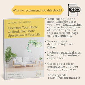 Op de afbeelding: Boekomslag met de titel "Declutter Your Home & Head. Find More Space&Sun in Your Life." De omslag is geel en wit met een groene illustratie van een hoofd en bladeren. De tekst "E-BOOK" staat rechtsboven.