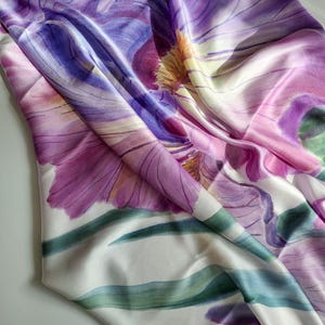 Hand Painted Silk Scarf, Purple Iris Flower, 100% Natural Silk Square 90x90 cm 35x35 inches, Floral Batik Art, Gift for Her, Made in Ukraine