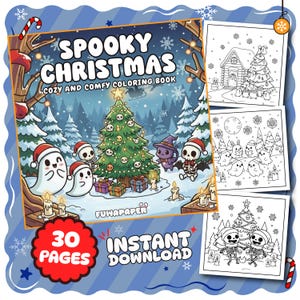 Może przedstawiać: Kolorowanka "Spooky Christmas" o przytulnym i wygodnym motywie, z duchami, szkieletami i czarownicą świętującymi Boże Narodzenie. Okładka przedstawia udekorowaną choinkę i prezenty. Zawiera 30 stron i jest do natychmiastowego pobrania.