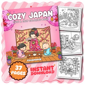 以下が含まれることがあります： 「COZY JAPAN」と題されたピンク色の塗り絵本。日本の文化のイラストが描かれています。表紙には、伝統的な衣装を着た芸者と猫が描かれています。この本には37ページが含まれており、すぐにダウンロードできます。