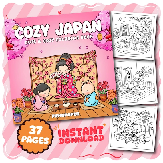 Cozy Japan PDF Coloring Book 37 Digital Printable Pages, Instant Download For Kids & Adults