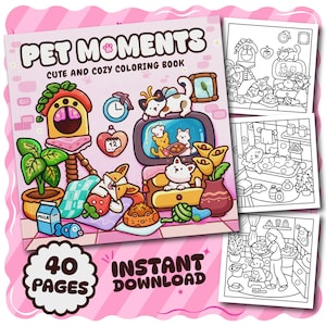 Pet Moments PDF Coloring Book, 40 Digital Printable Pages, Instant Download For Kids & Adults, Bold