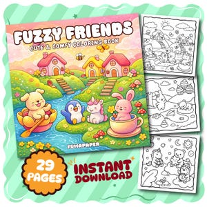 Kolorowanka w formacie PDF „Fuzzy Friends”: 29 stron do druku cyfrowego, do natychmiastowego pobrania dla dzieci i dorosłych