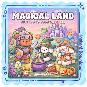 May include: A colorful illustration for a coloring book titled "Magical Land." The cover features cartoon animals, including a bear knight, a dog witch, and a dog with a teacup. The background shows a castle, cookies, and a cat.