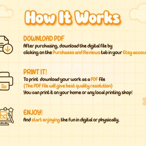 以下が含まれることがあります： オレンジ色の「How It Works」というタイトルのデジタル製品ガイド。購入後にPDFファイルをダウンロードし、印刷してデジタル製品を楽しむ方法を説明しています。背景は薄い黄色のグリッドパターンです。