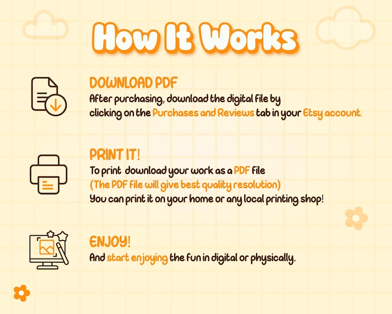 以下が含まれることがあります： オレンジ色の「How It Works」というタイトルのデジタル製品ガイド。購入後にPDFファイルをダウンロードし、印刷してデジタル製品を楽しむ方法を説明しています。背景は薄い黄色のグリッドパターンです。