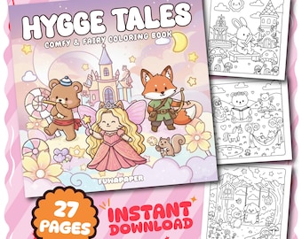 Hygge Tales ぬり絵ブック、27ページのデジタル印刷可能、子供と大人向けの即時PDFダウンロード