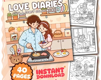 Love Diaries Coloring Book PDF, 40 Digital Printable Pages, Instant Download For Kids & Adults, Bold and Easy Coloring Book