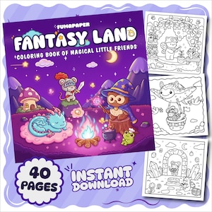 Fantasy Land Coloring Book, 40 Digital Printable PDF Pages, Instant Download For Kids & Adults, Bold and Easy Coloring Book, Coco Wyo