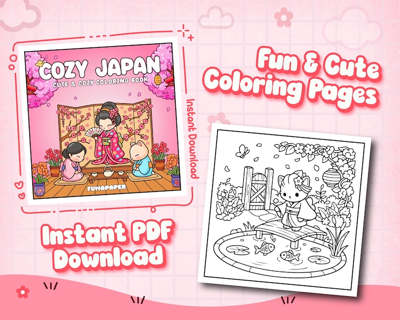 以下が含まれることがあります： 2つのデジタル塗り絵。1つは「COZY JAPAN」の文字と日本の人物のイラストが描かれたピンク色の表紙です。もう1つは、着物を着た猫の白黒塗り絵です。「Fun & Cute Coloring Pages」と「Instant PDF Download」と書かれています。
