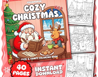 May include: A "Cozy Christmas" coloring book by Funapaper, featuring Santa Claus and a reindeer, with the text "Wish List" on a book. Includes 40 pages and is an instant download. The cover art is a cozy winter scene.