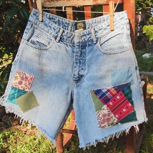 Scout Shorties - Reworked, Upcycled Vintage Paris Blues Denim Shorts with Vintage Quilt Patches