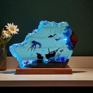 Octopus Diver Resin Night Light: Handmade Ocean Scene Lamp  Timeless Lamp