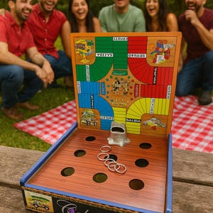 May include: A vintage ring toss game with a wooden base and a colourful game board. The game features a metal frog and several metal rings. The box is labelled "Colombia" with a purple handle. Several people are laughing in the background.