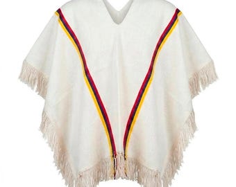 White Colombian Tricolor Poncho – Traditional Artisan Wrap