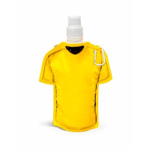 May include: A yellow, collapsible water bottle shaped like a soccer jersey. It has a white spout and a silver carabiner clip. The jersey design includes black trim and a black collar.