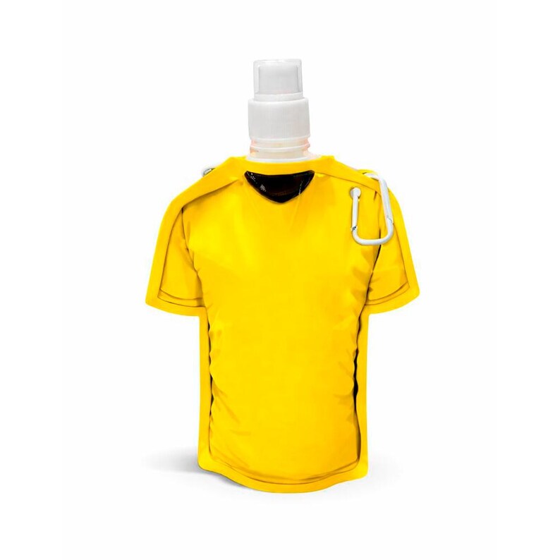 May include: A yellow, collapsible water bottle shaped like a soccer jersey. It has a white spout and a silver carabiner clip. The jersey design includes black trim and a black collar.