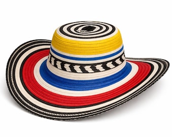Colombian Sombrero Vueltiao Hat, Multicolor Striped Wide Brim, Yellow Blue Red Black White, Handmade 100% Polyester, Traditional Style