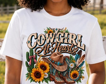 Cowgirl At Heart Graphic Tee, Western Rodeo-Inspired Cotton Shirt