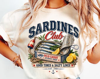 Sardine Club Retro Fish Tee, Coastal Graphic Shirt, Seafood Lover Gift
