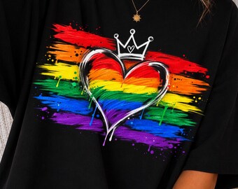 Y2K Rainbow Heart Crown Graphic Tee, Retro Pride Shirt, 100% Cotton T-Shirt