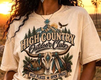 High Country Outdoor Club Shirt, Western Cow Skull Graphic Tee, Boho Mountain T-Shirt, Wild Places Gift