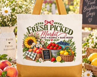 Fresh Picked Market Tote Bag, Farmers Market Canvas Tote, Floral Fruit Tote, Strawberry Sunflower Bag, Cottagecore Grocery Tote