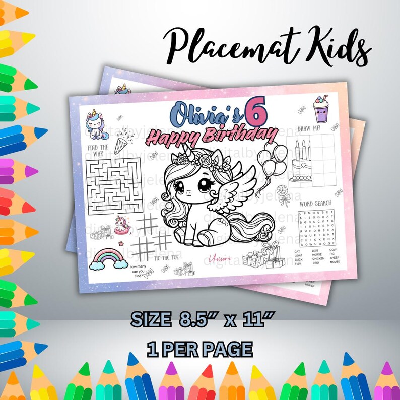 Unicorn Coloring Placemat | Unicorn Birthday Activity Sheet | Kids ...