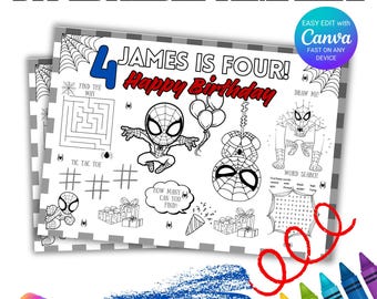 Editable Spiderman Activity Placemat | Printable Superhero Coloring Sheet | Kids Birthday Party Activity Sheet | Digital File