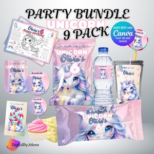 Puede incluir: Un paquete de fiesta con temática de unicornio con el texto "Party Bundle Unicorn 9 Pack". El paquete incluye una hoja para colorear, pegatinas, bolsas de aperitivos, etiquetas para botellas de agua y una bolsa de zumo, todos con gráficos de unicornios y el nombre "Olivia's".