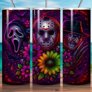 Solo una chica que ama el terror Killer Crew GF Freddy Jason Spooky Neon Vaso de 20 oz Descarga digital Scary Killers Vaso de Halloween