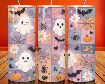 Retro Halloween Tumbler Wrap PNG: Karierter Geist, Pastell Gruselsaison (Digitaler Download)