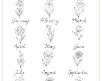 Disegno del tatuaggio del fiore di nascita: arte minimalista (download digitale, opzioni gennaio-dicembre)